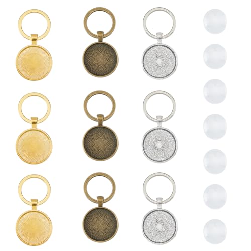 DICOSMETIC 18 Sets Cabochon Keychain Kit 3 Colors Alloy Pendant Cabochon Settings and Glass Cabochons DIY Blank Dome Keychain Making Kit for Photo Resin Personalized Crafting