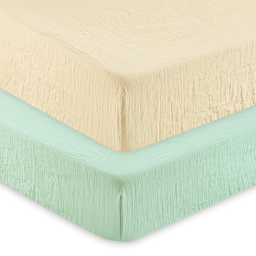 Image of david's kids Muslin Crib Sheets for Boys Girls, 2 Pack 100% Cotton Soft Breathable Fitted Baby Sheet Set, 28x52 Inch Fits Standard Crib and Toddler Mattresses, Beige & Green