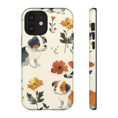 Coque iPhone 12 mate chiot et fleurs - Protection rigide