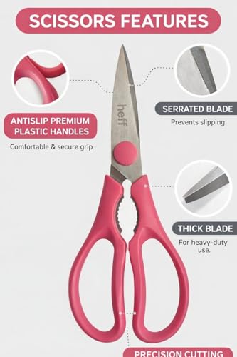 Image of Heff Stainless Steel Kitchen Scissors, Pink Handle, Serrated Blade, 8 Inches