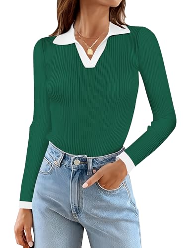 Image of Rapbin Women's V Neck Long Sleeve Ribbed Knit Pullover Sweater Slim Fitted Casual Basic Tee Tops
