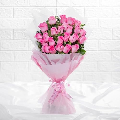 IFG's Bouquet of 25 Pink in Tissue Paper Wrapping | Send it on Valentine's Day, Mother's Day, Birthday, to Congratulate & as a Valentine Gift for Him/Her | 4 hours Delivery in India.-image-45