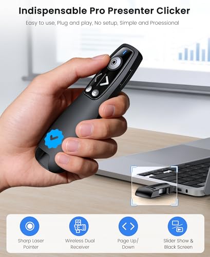 Image of Wireless Presenter Clicker with Bluetooth & USB+Type-C Receiver, Red Laser Pointer, Powerpoint Clicker with Volume Control for PowerPoint /Keynote /Google Slides, Compatible with Laptop /Mac /PC /Android
