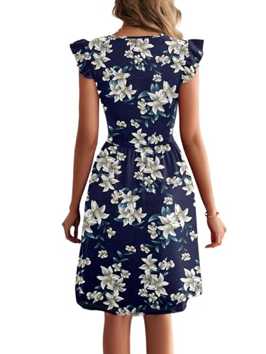 Image of HELYO Summer Dresses for Women Casual 2026 Beach Cute V Neck Cocktail Short Work Floral Print Ruffle Sleeve Dress with Pockets 648 Navy Floral XL
