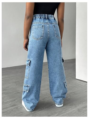 GORGLITTER Girl's Flap Pocket Baggy Cargo Jeans Y2k Wide Leg Zipper Fly Washed Denim Pants3