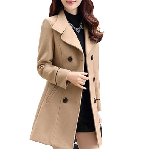 Maiyifu-GJ Women's Mid-Long Wool Blend Coat Double Breasted Notched Lapel Trench Jackets Spring Fall Casual Overcoat