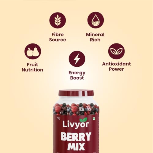 Image of Livyor 5 in 1 Berry Mix for eating - 1kg | Good Source of Fibre | Dried Cranberries | Black Raisins | Cherries | Blueberries | Strawberries | Berry Blast | Berries dry fruits | Berries fresh | Pack of 1