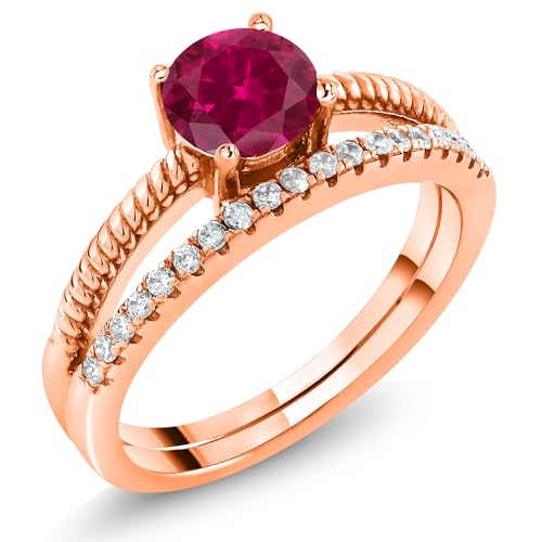 Gem Stone King 18K Rose Gold Plated Silver Red Created Ruby Engagement Engagement Ring For Women (1.19 Cttw, Gemstone July Birthstone, Round 6MM, Available in Size 5,6,7,8,9)