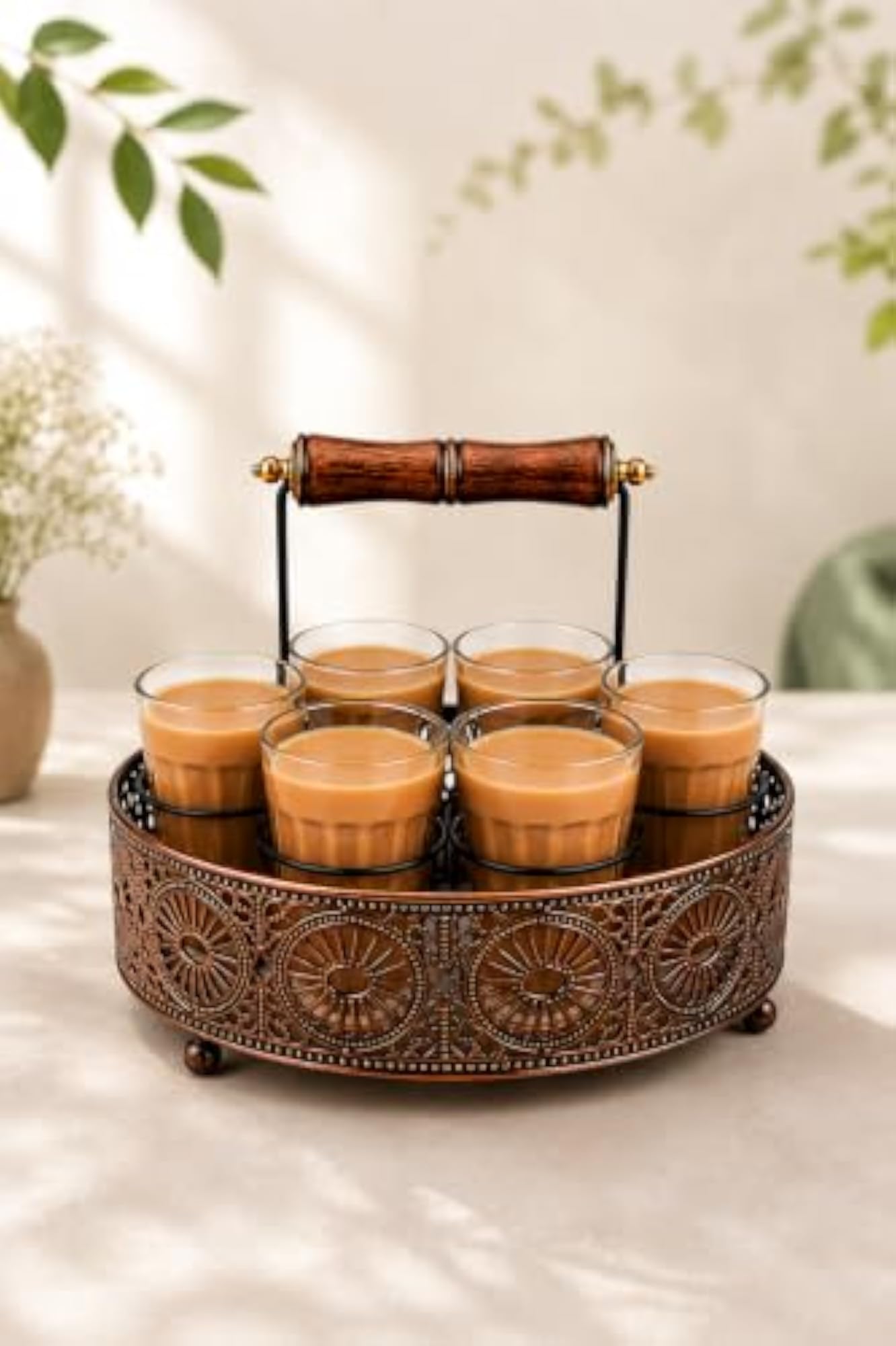 Cup Set 6 Cutting Chai Glasses with Serving Stand