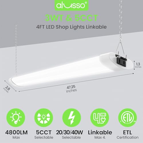 Image of ALUSSO LED Shop Lights 4FT for Garage, 4800LM Adjustable 20W /30W /40W, 5CCT 2700K 3000K 4000K 5000K 6500K, 120V, Warm to Cool Daylight Linkable Shop Lights for Workshop, ETL, 10 Pack