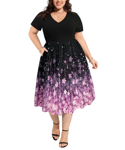 CARCOS Plus Size Dresses for Women Summer Short Sleeve V Neck Patchwork Dresseses XL-5XL