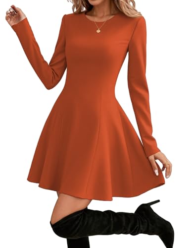Hotouch Elegante Kleider Damen Kurz Herbstkleid Langarm A Linie Kleid Leicht Winterkleid Rundhalsausschnitt Freizeitkleid