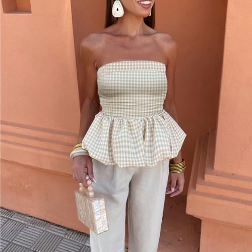 Women Y2k Peplum Tube top Strapless Bubble Bandeau Top Ruffle Hem Flowy Aesthetic Summer Going Out Streetwear2