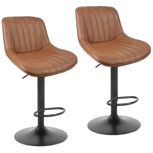 Duramex (TM) Set of 2 Brown Black Height Adjustable Seat Bar Stools Barstool and High Back Rest 360 Swivel 24 to 33 inch Base with Hard Floor Protection Plastic