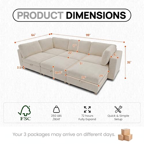 Image of 99 inch Modular Sectional Sleeper Sofa, 6 Seaters Chenille Modular Sectional Sofas, Sleeper Sofa Bed with Storage & Ottoman, Sleeper Couch with Removable Covers, Beige Sectional Couches for Living Room