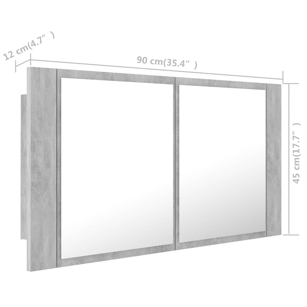 Armoire de Salle de Bain à Miroir LED Gris béton avec éclairage RVB et Rangement intérieur, Design Contemporain, matériaux Acrylique léger, Dimensions 90x12x45 cm
