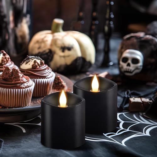 Image of 3x3 Flickering Flameless Candles Set of 2, Real Wax LED Candles,with Timer, 3 inch Flameless Candles with Remote,Battery Operated Candles, for Party /Wedding,Black