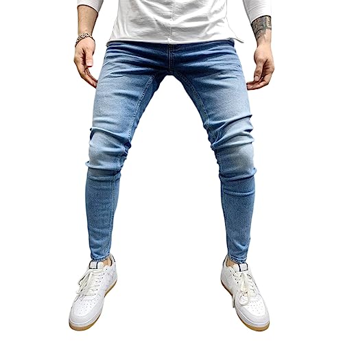 Mens Super Skinny Jeans Distressed Washed Tapered Leg Denim Pants Fashion Classic Retro Slim Fit Stretch Jean Trousers Light Blue
