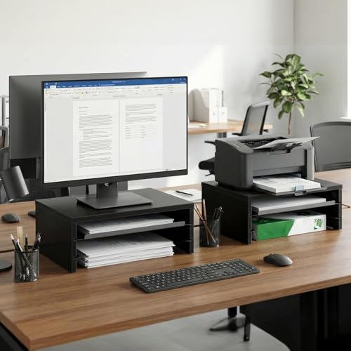 Image of Fenge 42.5Inch Corner Monitor Stand with Drawer, 3-Tier Monitor Riser with Slide-Out Tray