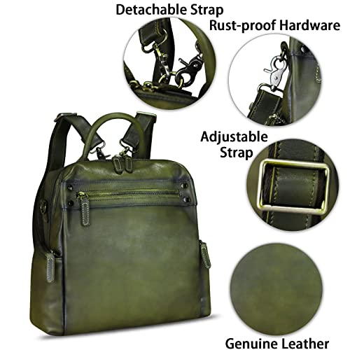 Image of Genuine Leather Backpack for Women Convertible Design Shoulder Bag Vintage Casual Daypack Knapsack Rucksack Purse (Green)