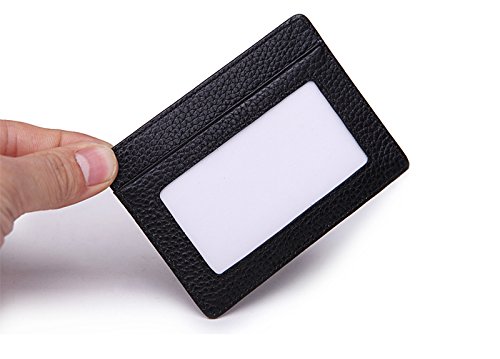 MEKU Handmade Genuine Leather Unisex Slim Card Case Super Thin Fashion Card Holder Compact Wallet With ID Card Window Black3