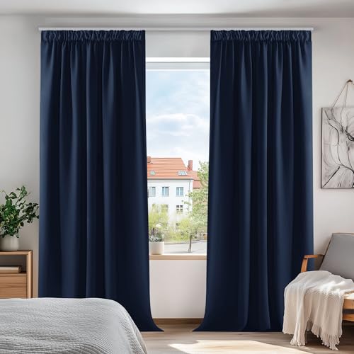 Deconovo Blackout Curtains Navy Super Soft Window Treatment Thermal Insulated Pencil Pleat Energy Saving Curtains for Girls 42 x 84 Inch Navy Blue 2 Panels