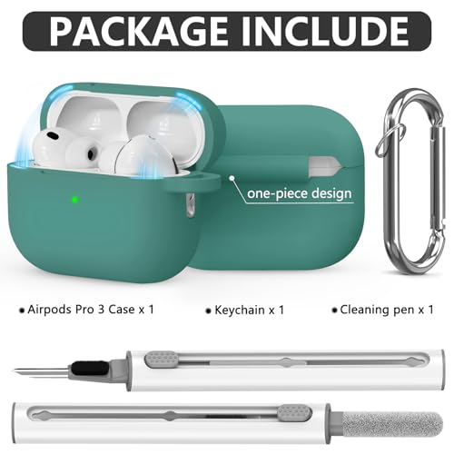 Image of Ljusmicker for AirPods Pro 3 Case 2025 with Cleaner Kit,Magnetic Green | Soft Silicone Protective Cover for Apple AirPod Pro 3rd Generation Case with Keychain for Women Men,Shockproof,Magnetic