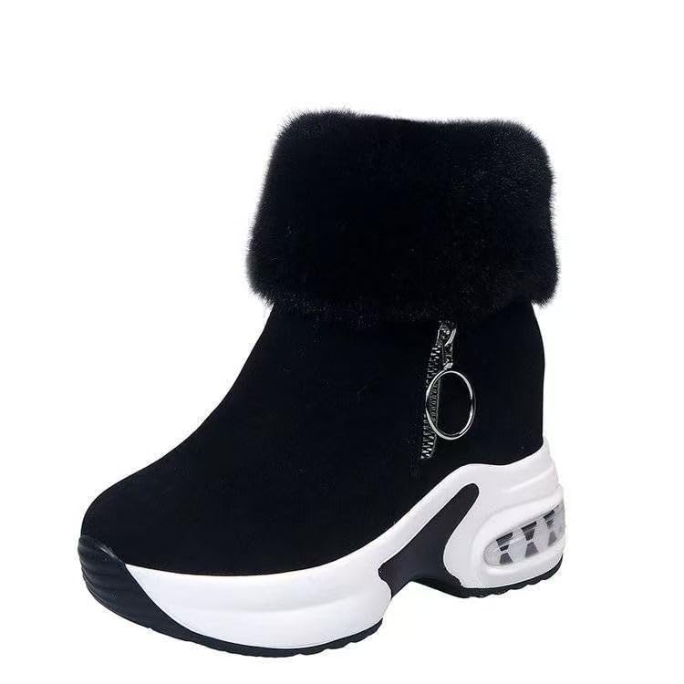 Womens Winter Mid-Calf Boots Black Fleece-Lined Ankle Boot With Fur Trim Thick Platform Sole Side Zipper 10 Black