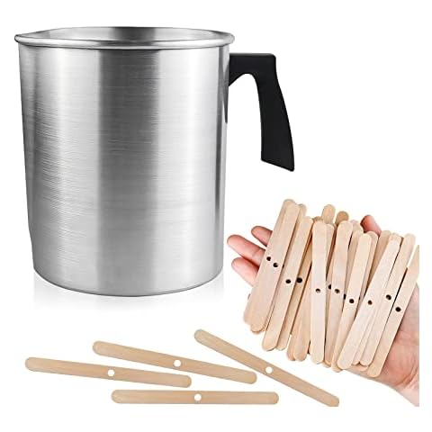 Wax Melting Pot 1.2L Wax Cup Dripless Pouring Pitcher Candle Making Pot Heat-Resistant Handle Candle Melting Pot Wax Melting Cup with 50 Pcs Wooden Candle Wick Holders Cover