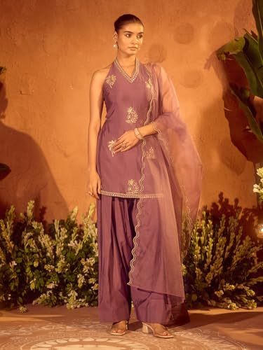 Image of FIORRA Women's Lavender Viscose Chanderi Embroidered Ethnic Straight Kurta Set with Dupatta