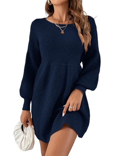 Saodimallsu Damen Rundhals Strickkleid Puffärmel Hoch Tailliert Pulloverkleid Elegant Strickpullover Kleid A-Linie Minikleid Dunkelblau L