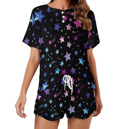 Pyjama court femme violet à étoiles en coton léger pour l'été