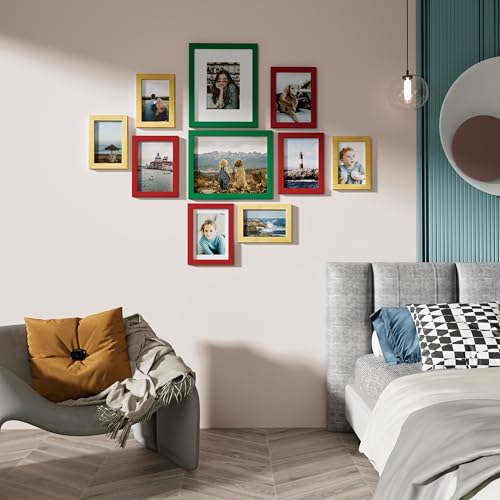Image of Vittanly Picture Frames Set of 10, Picture Frames Collage Wall Decor with Two 8x10, Four 5x7 and Four 4x6 Photo Frames, Gallery Wall Frame Set for Wall or Tabletop Display, Green, Red and Gold
