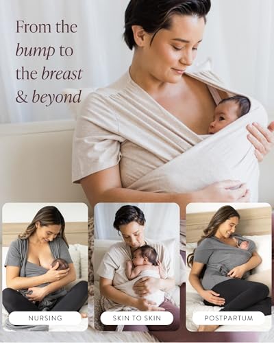 Kindred Bravely Short Sleeve Skin to Skin Nursing Wrap Top, Kangaroo Shirt for Mom and Baby, Organic Cotton (Oatmeal Heather, Small)4