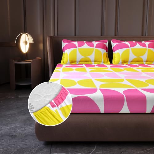 Image of Divine Casa King Size Fitted Bedsheet with 2 Pillow Covers (200 x 180 CM) | Cotton Twill Satin Retro Geometric Print | Pink & Yellow Elastic Fitted Sheet for Mattress.