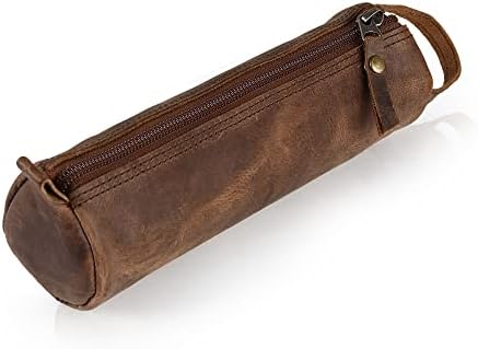 LEATHERCON Cylindrical Genuine Leather Pencil Case - Classic Leather Pencil Pouch for Artists & Makeup tools. Vintage Leather Zipper Pouch for College & Office Use – Rustic Brown