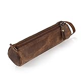 LEATHERCON Cylindrical Genuine Leather Pencil Case - Classic Leather Pencil Pouch for Artists & Makeup tools. Vintage Leather Zipper Pouch for College & Office Use – Rustic Brown