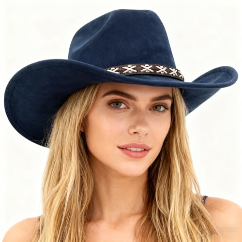 Image of Western Suede Cowboy Hat for Women Men Wide Brim Classic Cowboy Cowgirl Hat with Buckle Belt Felt Fedora Hat