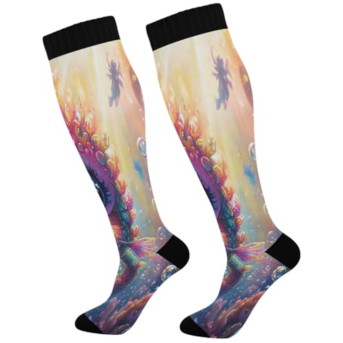 Joisal Cute Seahorse Colorful Marine Knee High Compression Socks for Running, Enhanced Comfort and all Day Comfort, 1 pair
