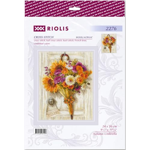 Image of RIOLIS - Autumn Umbrella 2276, Floral Cross Stitch Kits 9 inchx11, Cross Stitch Kits for Beginners & Advanced, Crossstitching Kit Adult, Embroidery Counted Stitching Kit