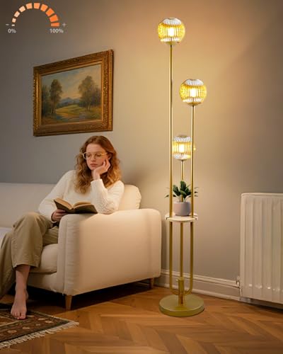Image of Lightdot Amber Glass Floor Lamp with Shelf 63IN Dimmable Mid Century Modern Gold Standing Lamps 3000K Bulbs Included Globe Floor Lamp with 5Lbs Heavy Base for Living Room /Wedding /Sofa Beside /Corner