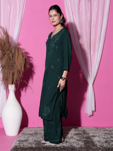 Image of Fashion Chikan Art Women's Lucknowi Premium Chanderi Silk Hand-Embroidered Chikankari Kurti & Palazzo Set | Elegant Festive & Casual Wear Ethnic Suit