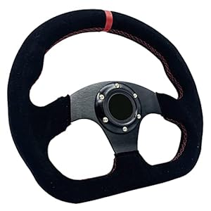 Spaorcco 13″ Black Suede Leather Racing Steering Wheel Universal D-Shaped Race Tuning Style Sport Steering Wheel with Red stitch and Horn