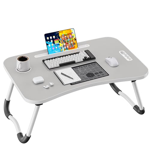 Image of Folding Lap Desk, 23.6 Inch Wood Laptop Bed Desk with Cup Holder, Portable Bed Table for Working Writing Reading, Eating for Bed, Floor, Sofa, Couch - Grey
