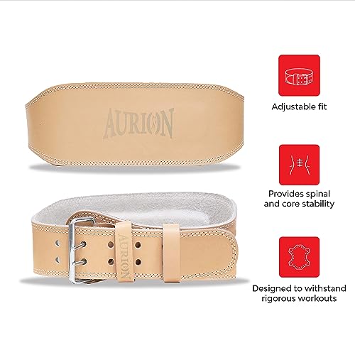 Image of Aurion by 10Club Leather Gym Belt for Weight Lifting - XL Tan Dead Lift Belt with Padded Back Support for Men - Premium Gym Belt for Enhanced Stability and Comfort in Workouts