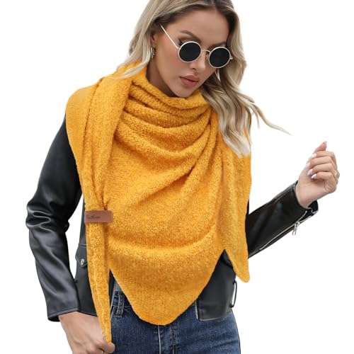 Vijamiy Bufanda Triangular Mujer Chal de Punto Invierno Suave Cálido con Hebilla de Cuero Pañuelo Fular 200x80cm(Amarillo)