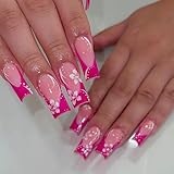 MISUD Press on Nails - Long Square Glue on Nails with Hot Pink, Acrylic Summer Flower Design 24 pcs