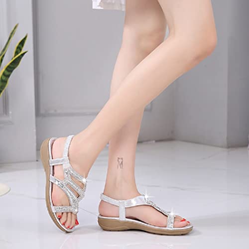 DKCHENH Rhinestone Sandals for Women Flat - Trendy Sparkling Boho Ladies' Flat Sandals,Beautiful Sparkling Boho Ladies' Flat Shoe for Summer.4