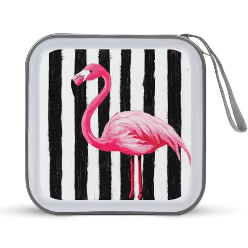 Flamingo on A Black And White Striped CD Case DVD Storage Case Portable