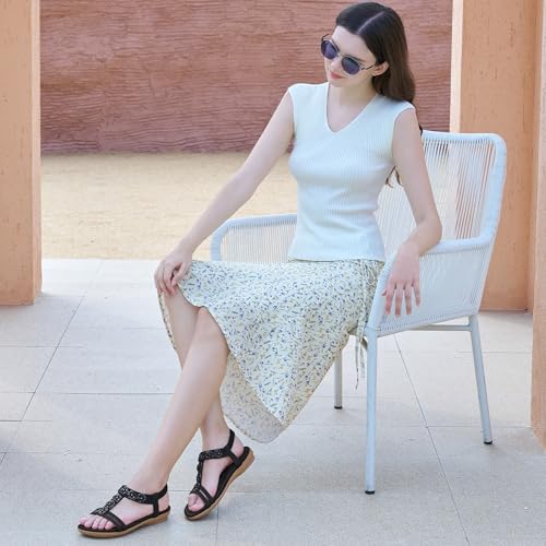 HARENCE Women's Summer Flat Sandals: Comfortable Bohemian Beaded Flats Shoes Elastic Ankle T-Strap Casual Slip on Beach Dress Sandals for Women2